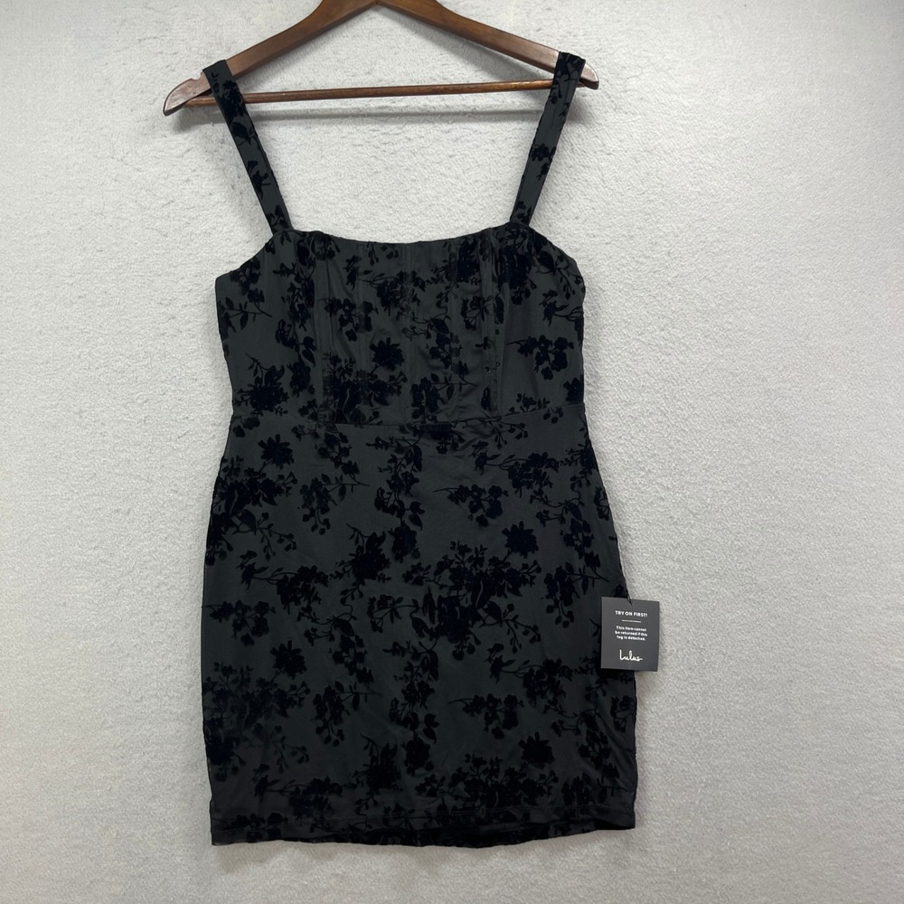 Lulus‎ Mini Dress Womens M Black Velvet Floral Bodycon Romantic Cocktail Party